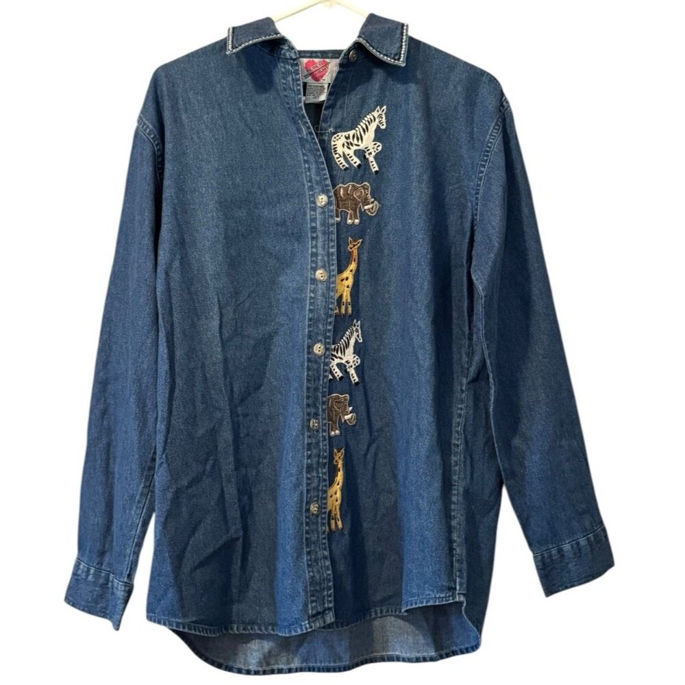 Keren Hart Denim Shirt Women‎ Size Small Embroidered Long Sleeve Safari Read